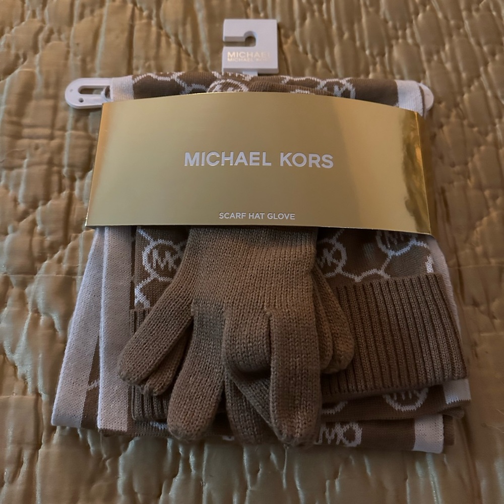 Michael Kors monogram scarf hat gloves set tan brown beige jacquard scarf set